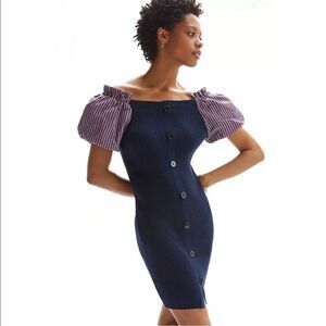 NEW Maeve Anthropologie Ribbed Puff Sleeve Mini Dress Navy Gingham
